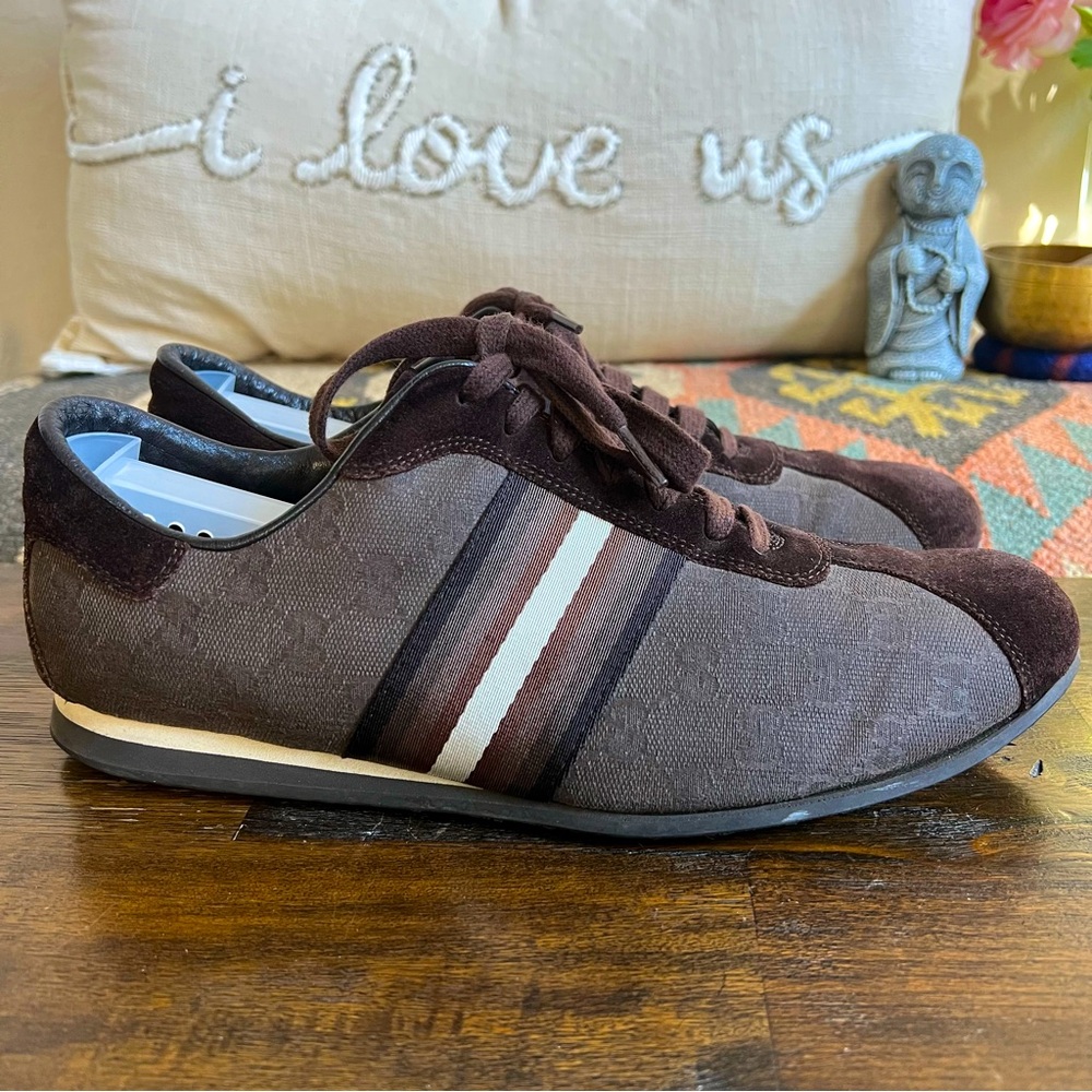 GUCCI Brown Canvas/Suede Web Detail Low Top Sneakers Gucci Size 7.5 US8